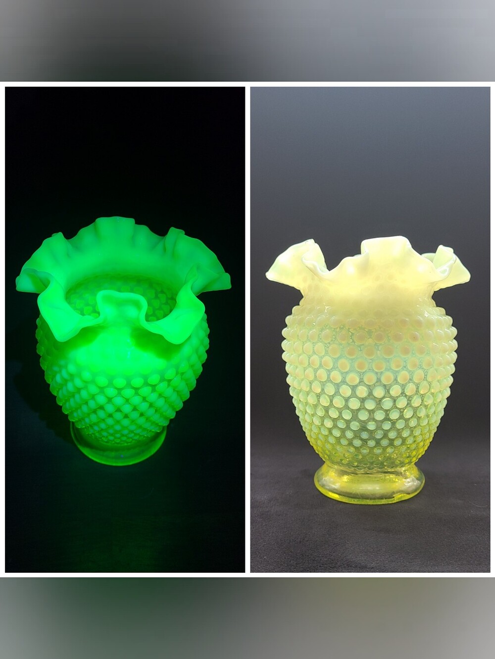 Vaseline Opalescent Uranium Glass Hobnail Ruffle Vase Vintage